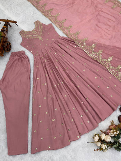Beautiful Premium Roman Silk With Heavy Embroidery Sequence Work Gown Set