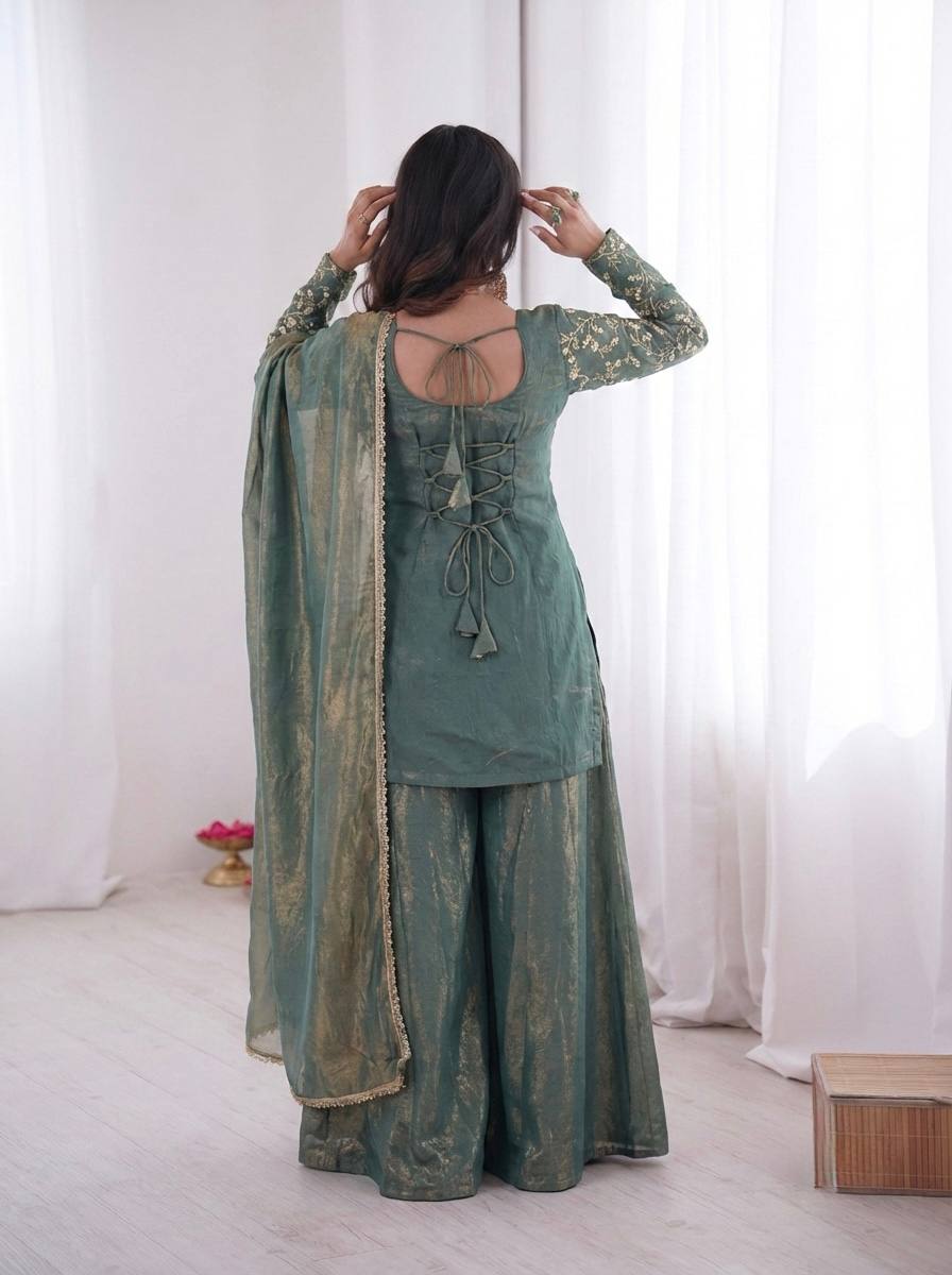 Beautiful Soft Rich Pure Fendy Silk Embroidery Sequence Work Plazzo Set