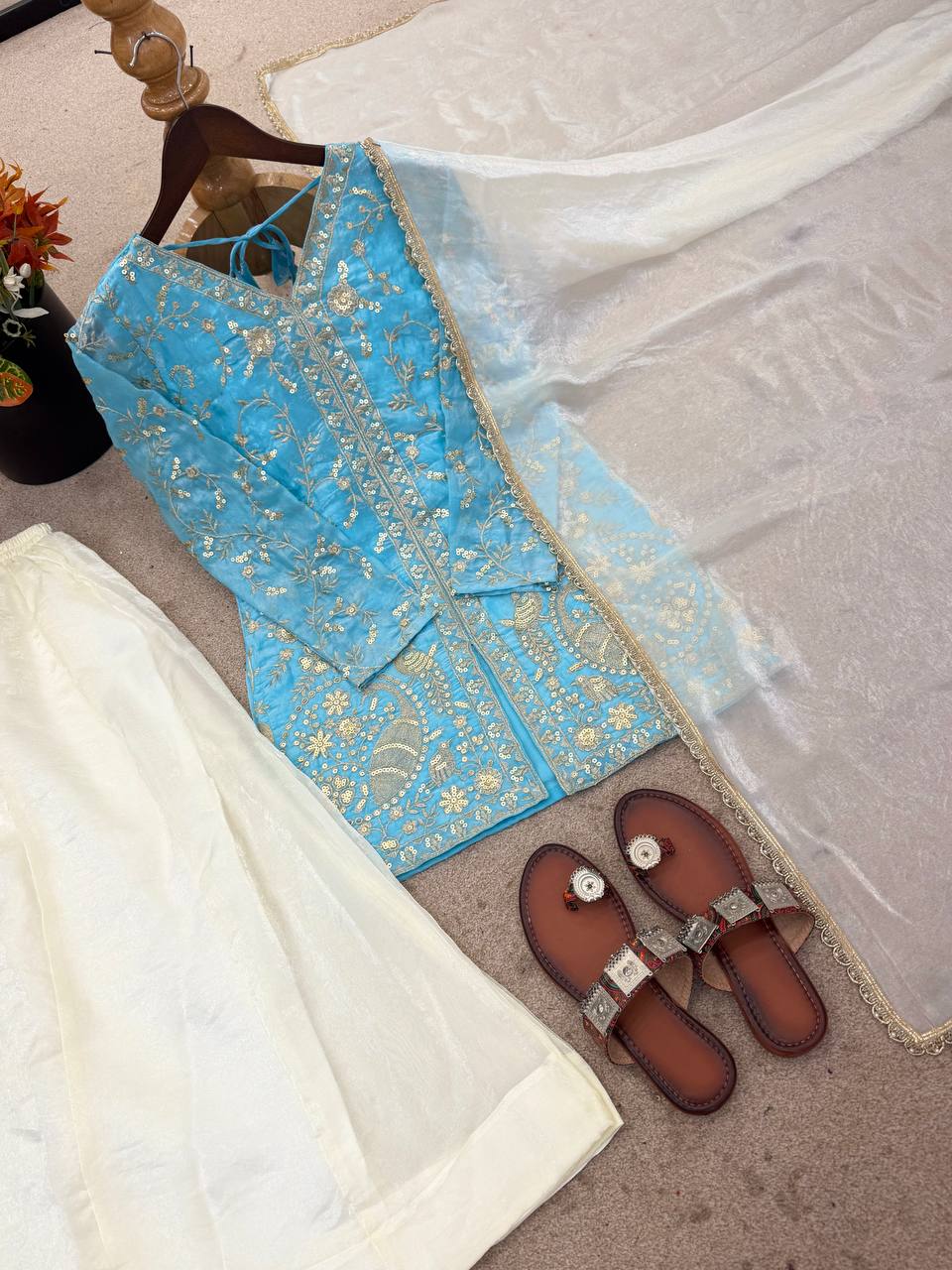 Beautiful Soft Rich Pure Fendy Silk Embroidery Sequence Work Plazzo Set