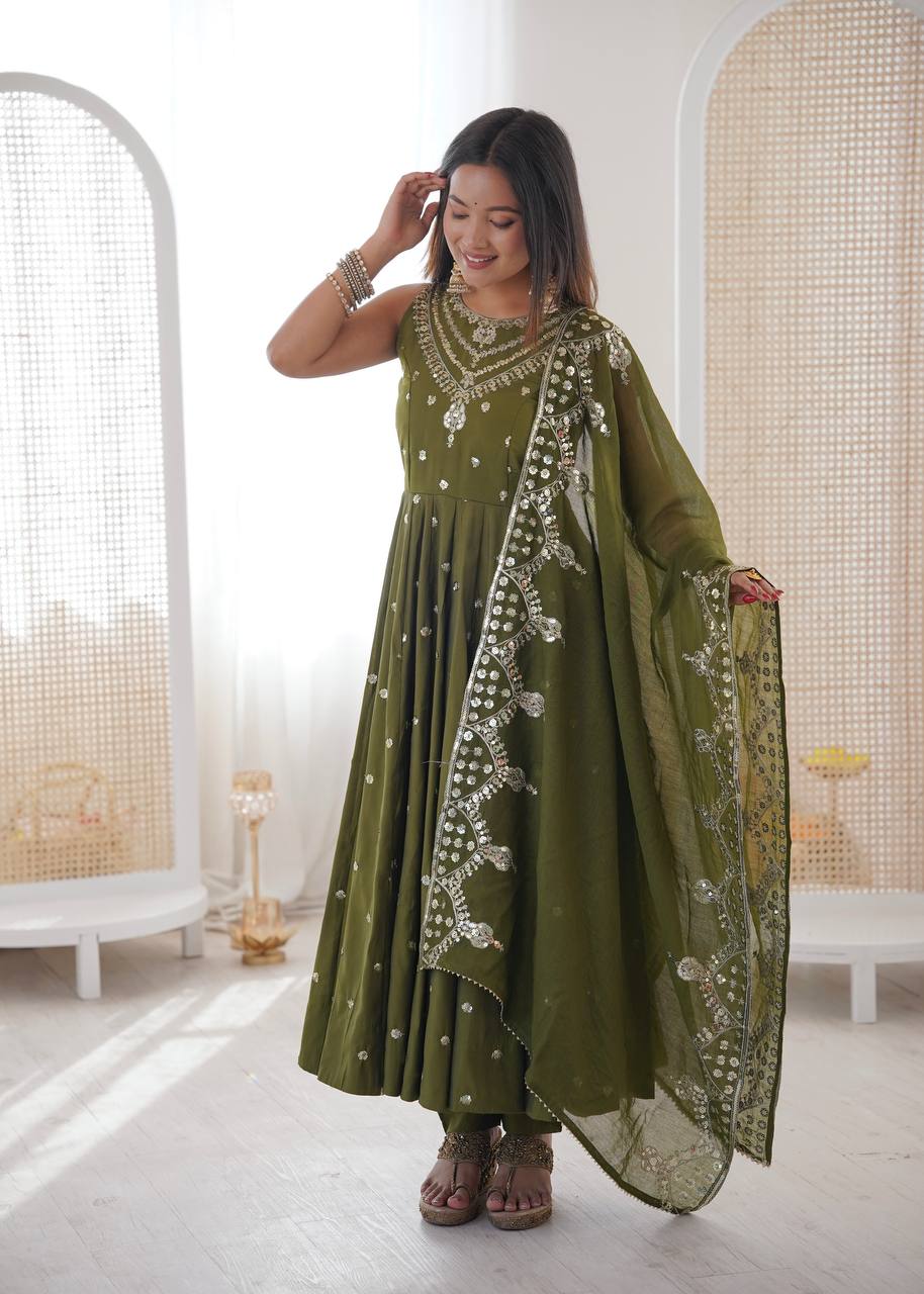 Beautiful Premium Roman Silk With Heavy Embroidery Sequence Work Gown Set