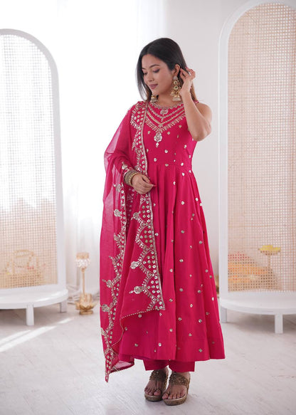 Beautiful Premium Roman Silk With Heavy Embroidery Sequence Work Gown Set