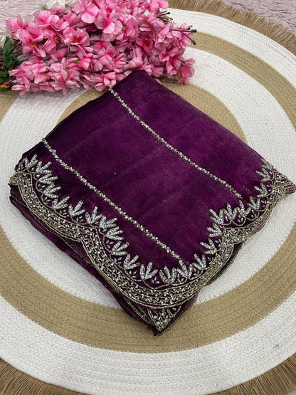 Burberry Chiffon Khatli Handwork Saree Set