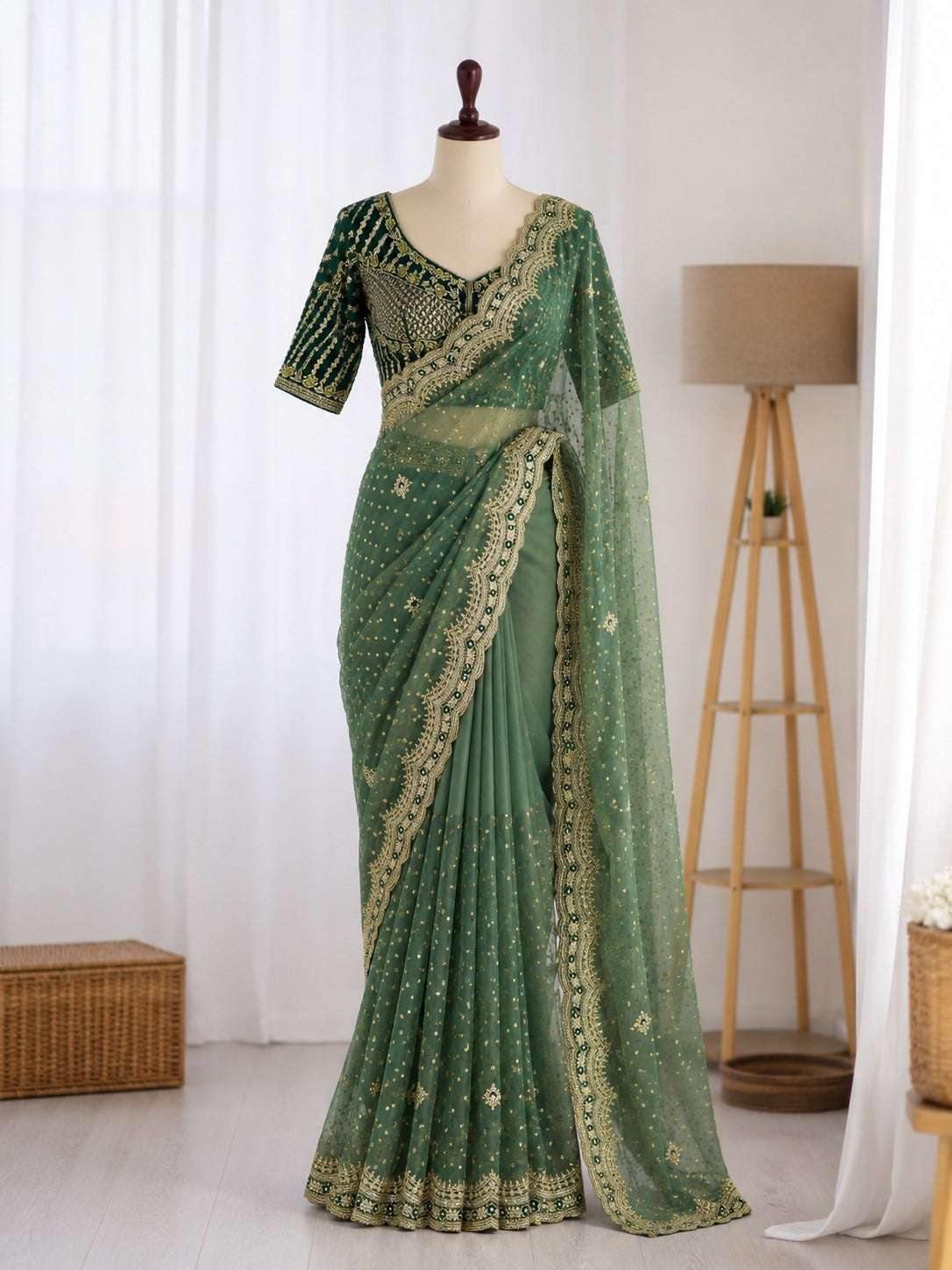 NC Moss Butti Embroidered Saree Set