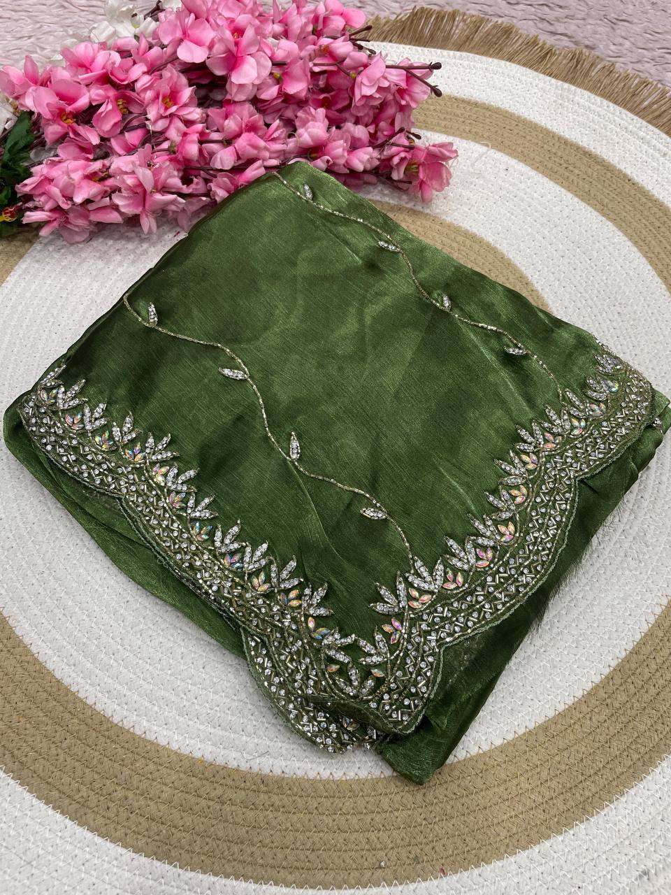 Burberry Chiffon Khatli Handwork Saree Set