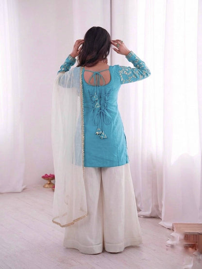 Beautiful Soft Rich Pure Fendy Silk Embroidery Sequence Work Plazzo Set