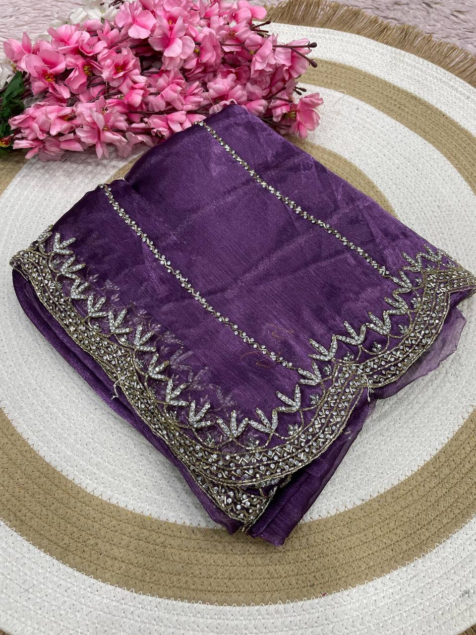 Burberry Chiffon Khatli Handwork Saree Set