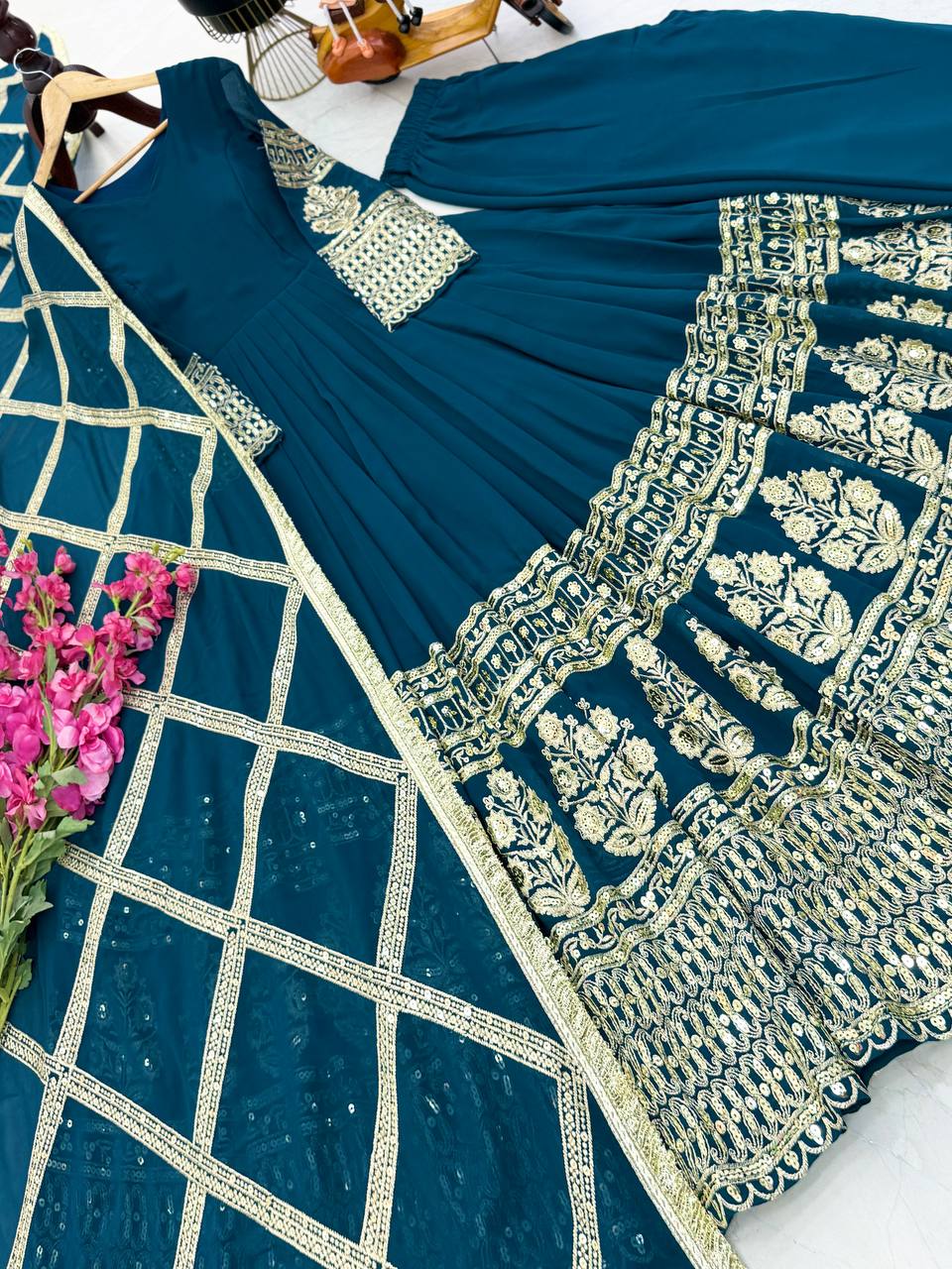 Faux Georgette With Embroidery Sequience Lace Work Gown