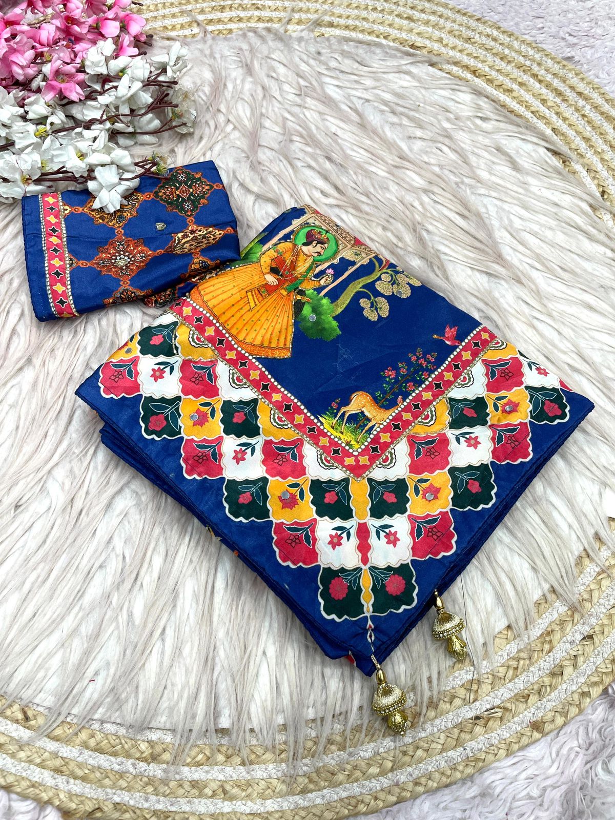 Beautiful Soft Rich Satin Silk With Digital Print & Khatli Work Saree