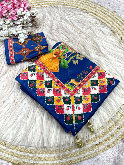 Beautiful Soft Rich Satin Silk With Digital Print & Khatli Work Saree