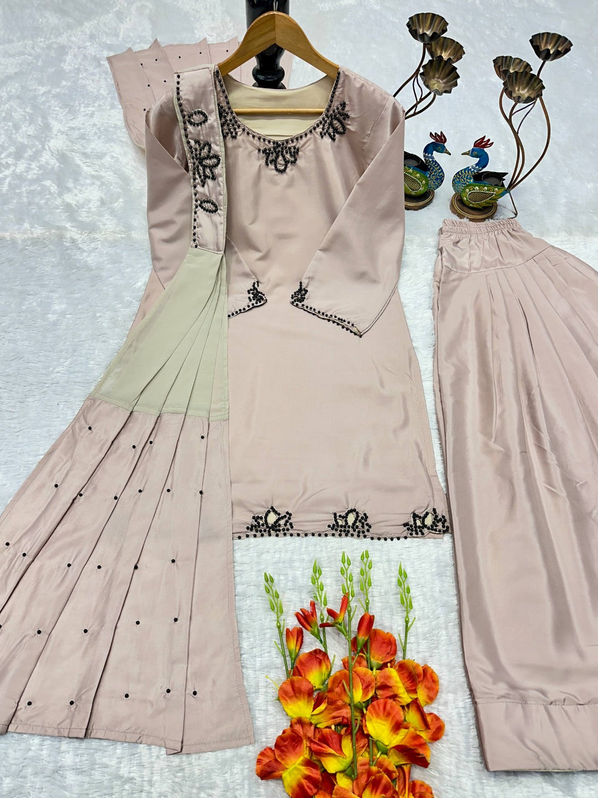 Natural Crepe Embroidered Plazzo Suit Set
