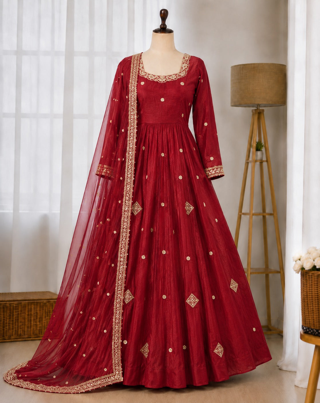 Crunchy Silk Embroidered Gown Suit Set