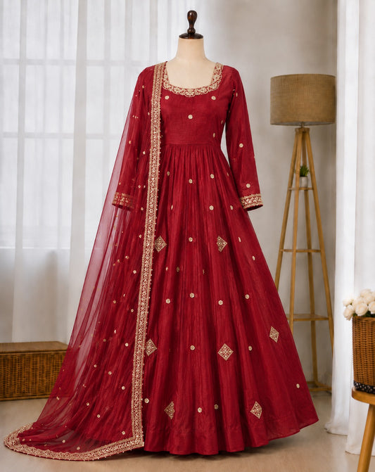 Crunchy Silk Embroidered Gown Suit Set