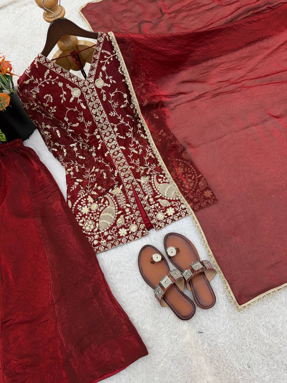 Beautiful Soft Rich Pure Fendy Silk Embroidery Sequence Work Plazzo Set