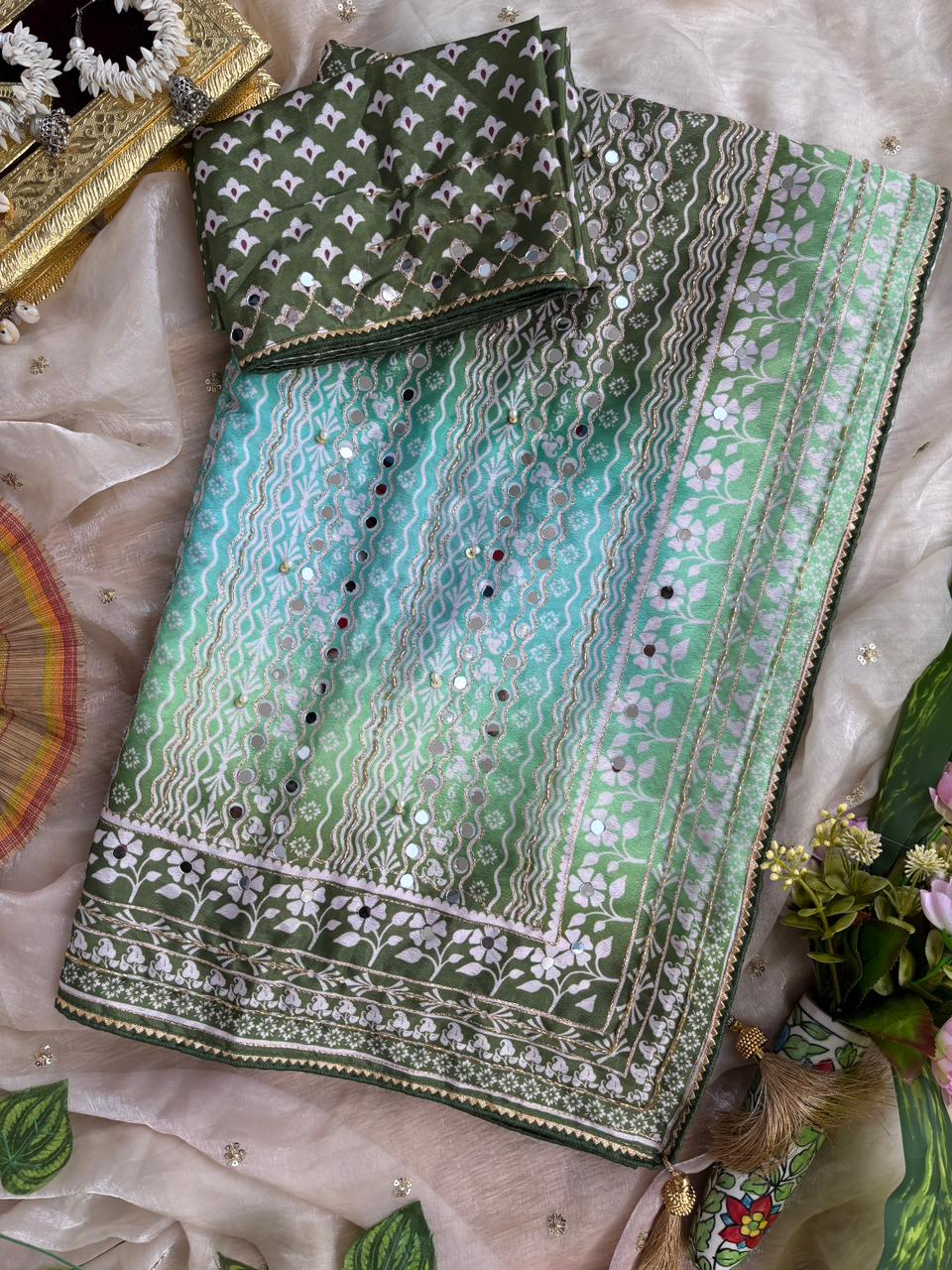 Chinon Silk Mirror Work Saree Set