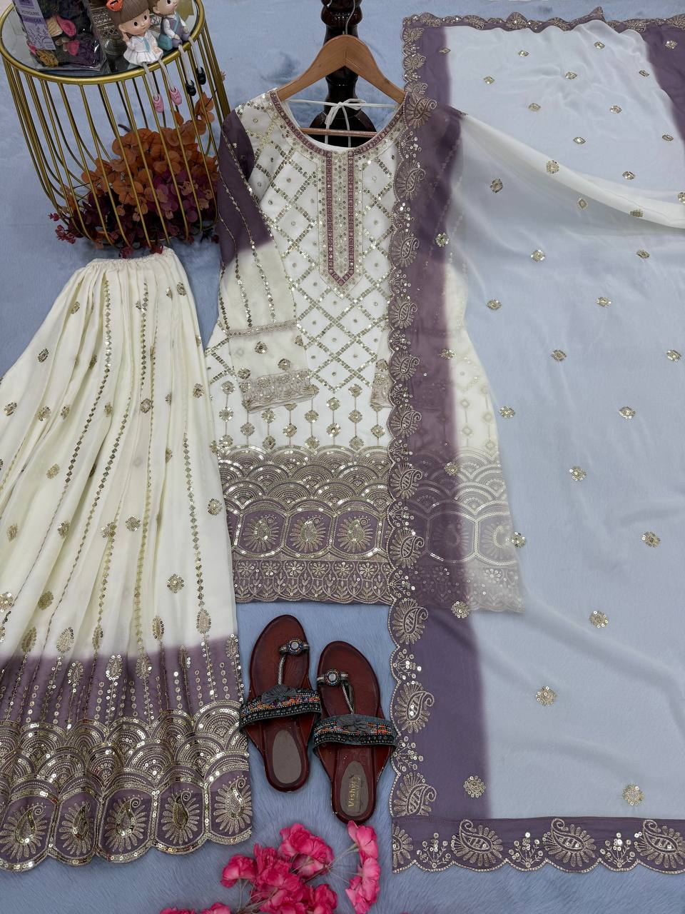 Beautiful Soft Rich Dual Tone Georgette Embroidery Sequence Work Plazzo Set