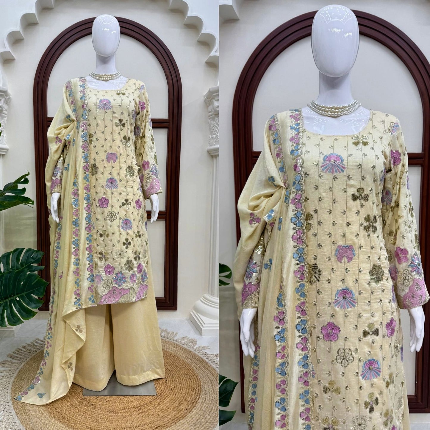 Vichitra Silk Embroidered Plazzo Suit Set