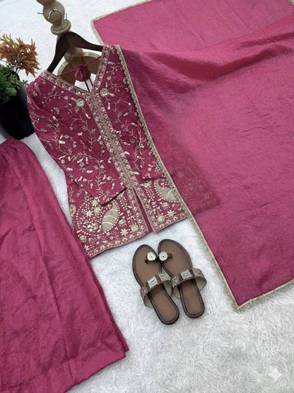 Beautiful Soft Rich Pure Fendy Silk Embroidery Sequence Work Plazzo Set