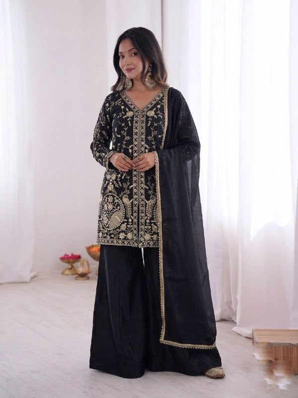 Beautiful Soft Rich Pure Fendy Silk Embroidery Sequence Work Plazzo Set