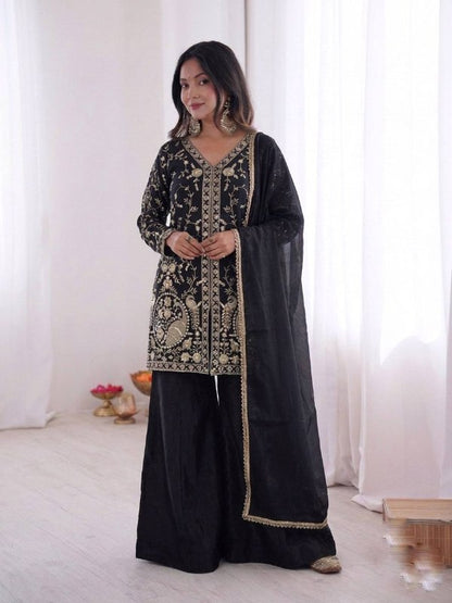 Beautiful Soft Rich Pure Fendy Silk Embroidery Sequence Work Plazzo Set