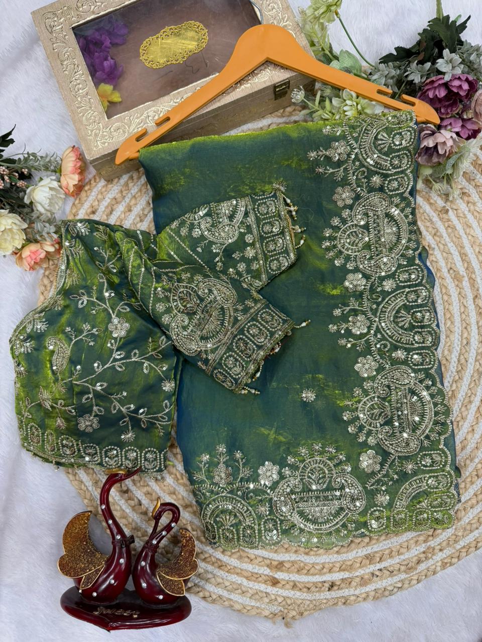 Two Tone Space Silk Embroidered Saree Set
