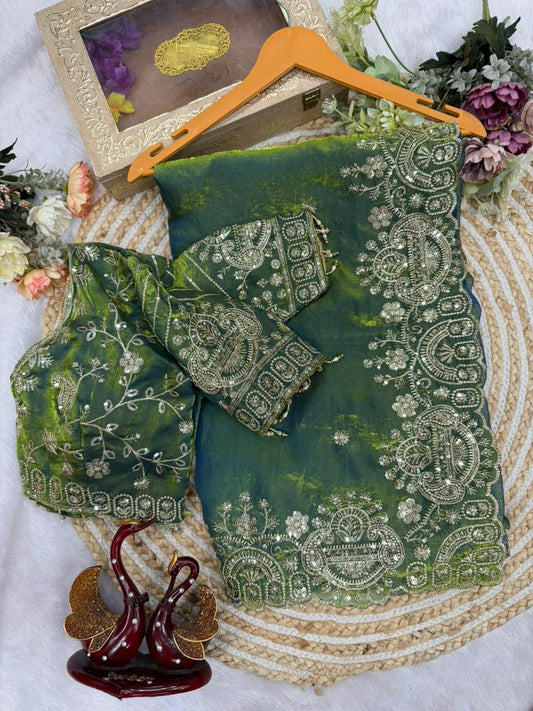 Two Tone Space Silk Embroidered Saree Set