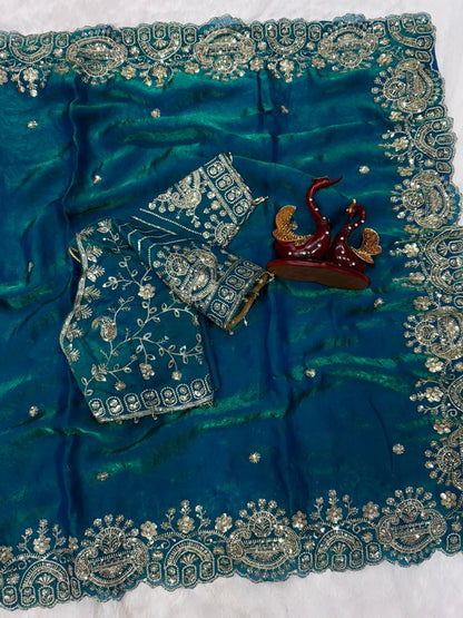 Two Tone Space Silk Embroidered Saree Set