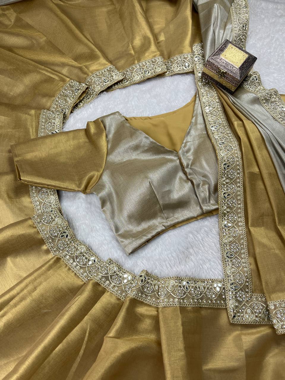 Beautiful Soft Rich Half-Half Tissue Silk With Handcrafted Border Work Saree