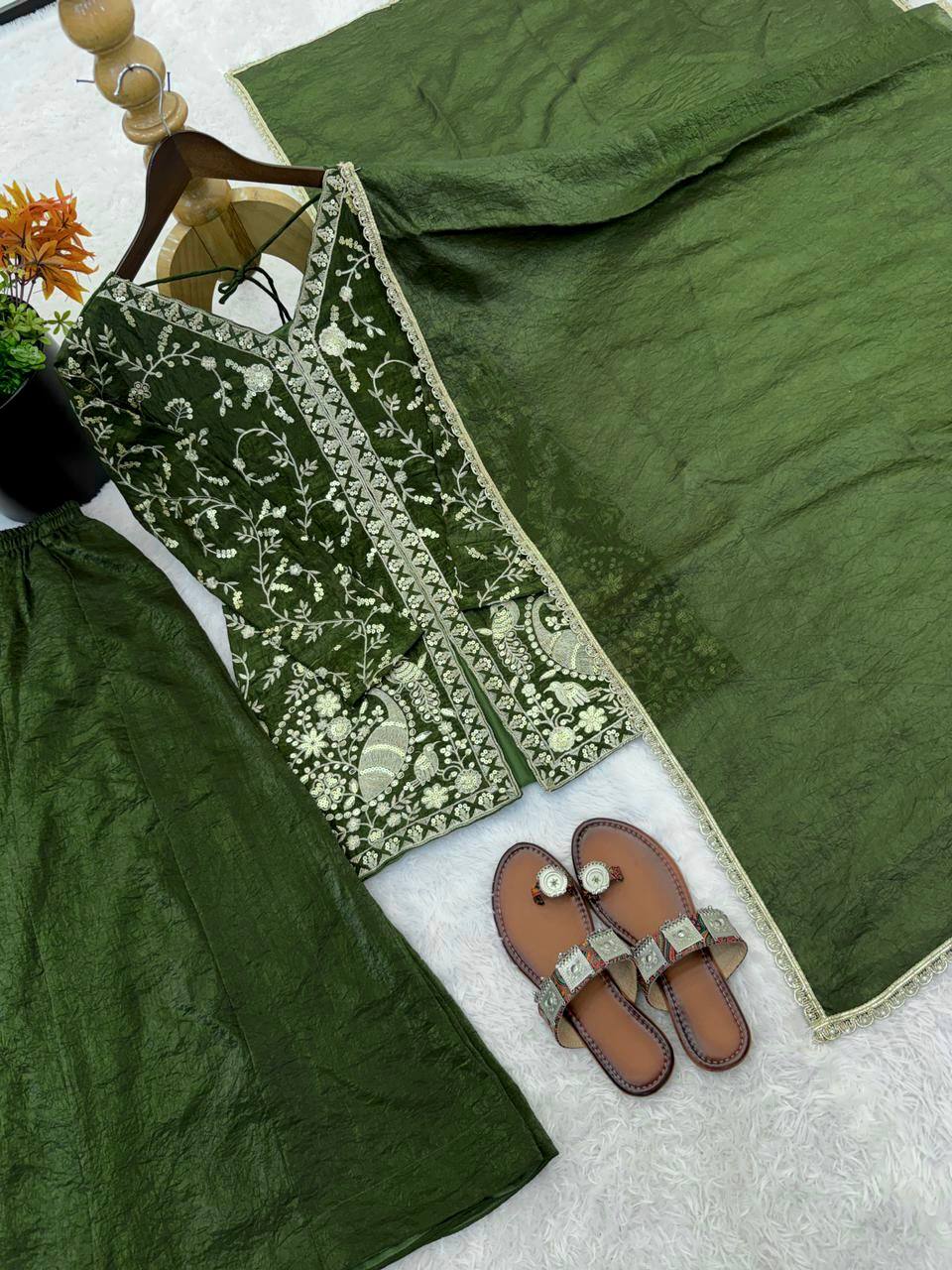 Beautiful Soft Rich Pure Fendy Silk Embroidery Sequence Work Plazzo Set