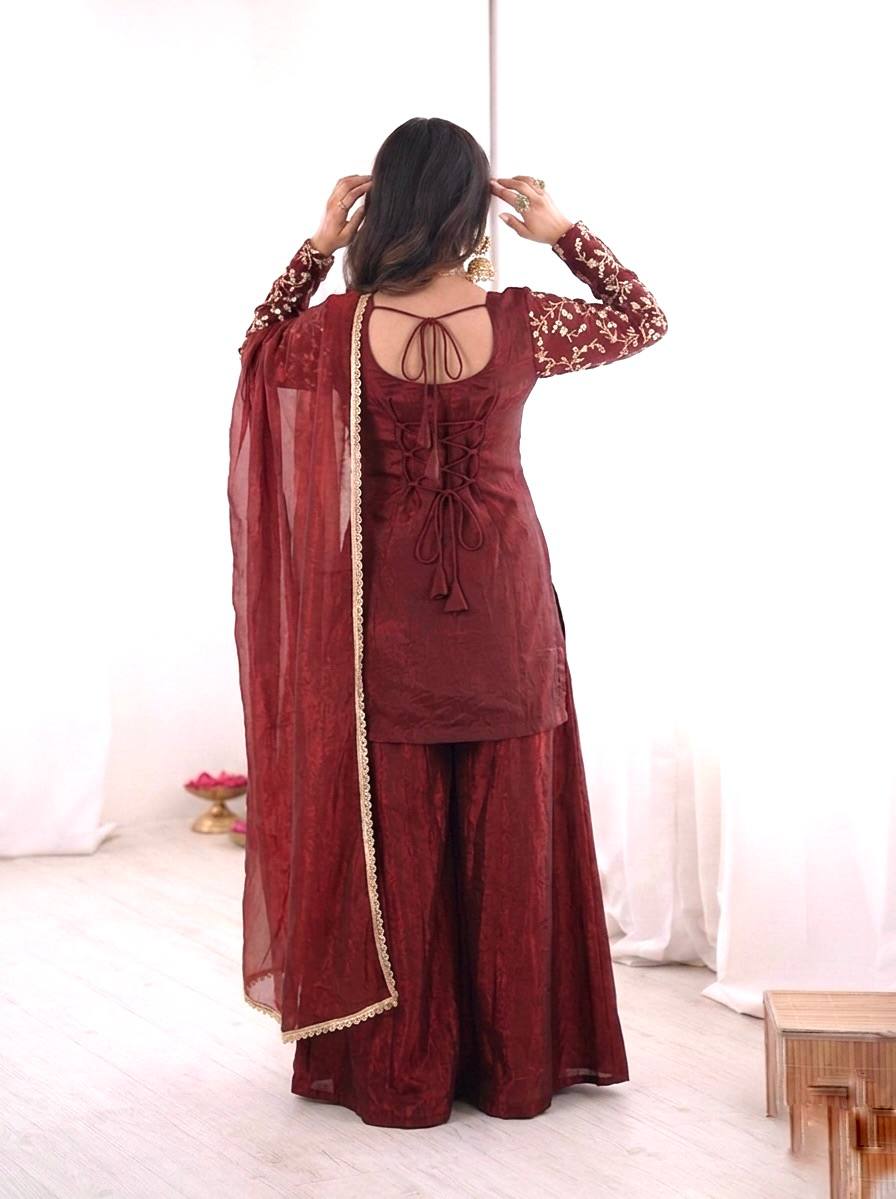 Beautiful Soft Rich Pure Fendy Silk Embroidery Sequence Work Plazzo Set