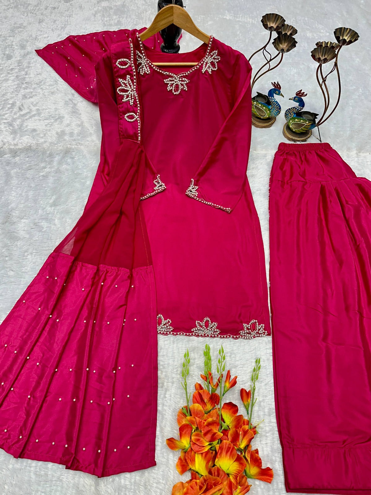 Natural Crepe Embroidered Plazzo Suit Set