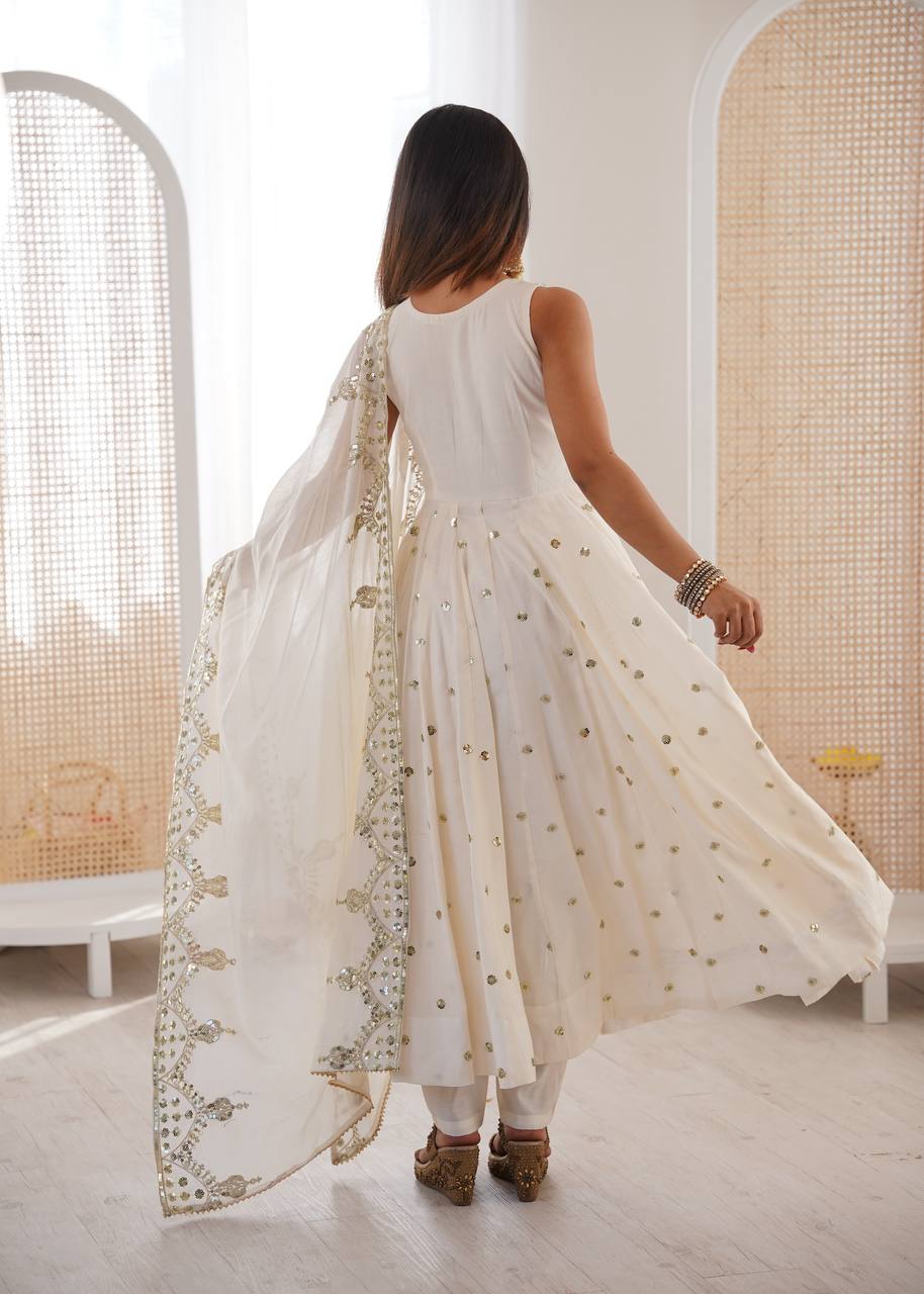 Beautiful Premium Roman Silk With Heavy Embroidery Sequence Work Gown Set