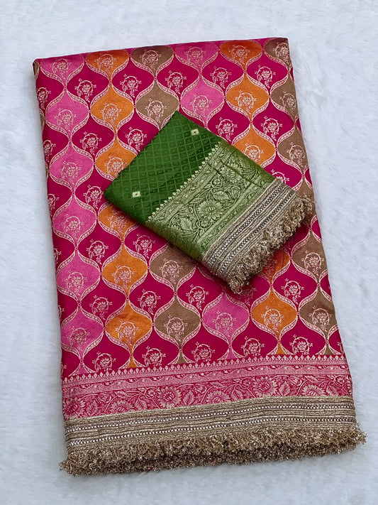 Heavy Satin Silk Banarasi Zari Weaving Saree Set