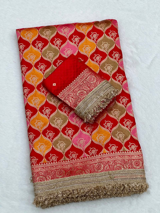 Heavy Satin Silk Banarasi Zari Weaving Saree Set