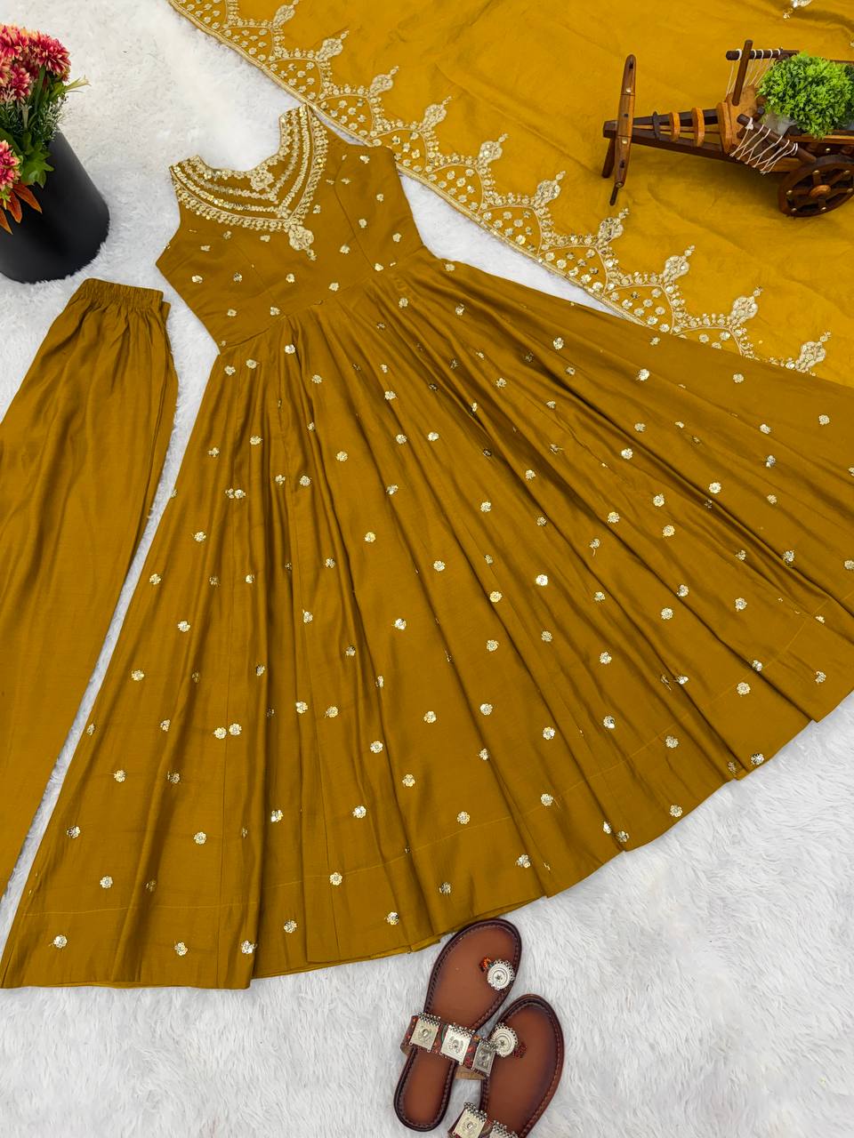 Beautiful Premium Roman Silk With Heavy Embroidery Sequence Work Gown Set