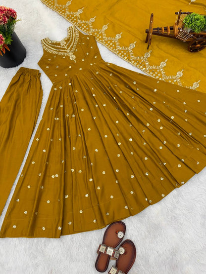 Beautiful Premium Roman Silk With Heavy Embroidery Sequence Work Gown Set