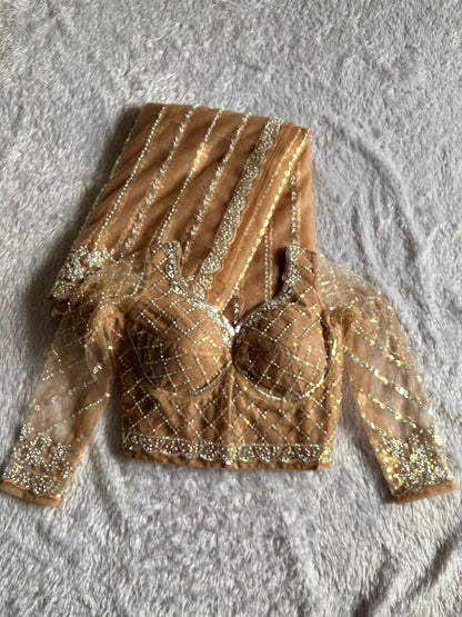 Soft Net Beads Pearl Work Saree Set