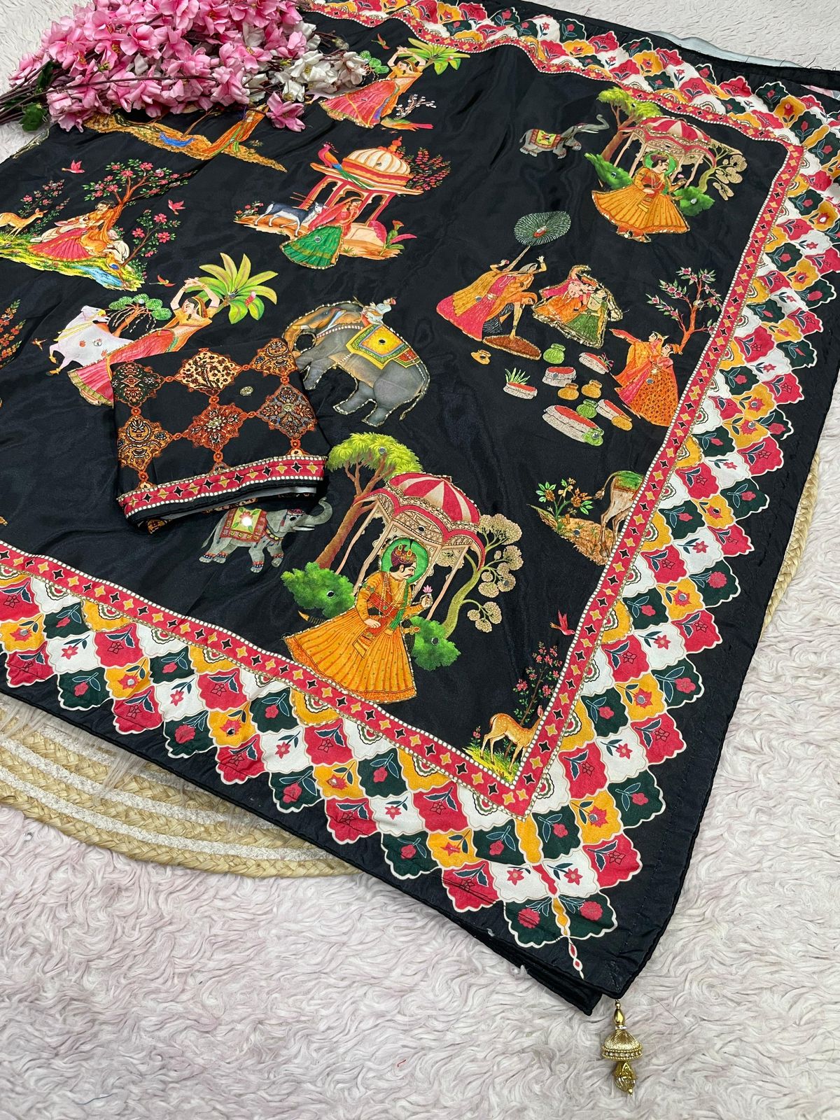 Beautiful Soft Rich Satin Silk With Digital Print & Khatli Work Saree