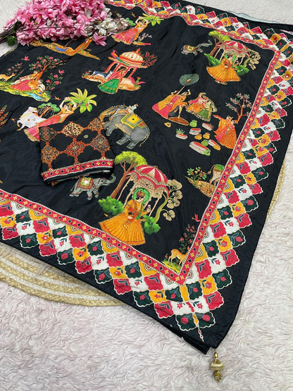 Beautiful Soft Rich Satin Silk With Digital Print & Khatli Work Saree
