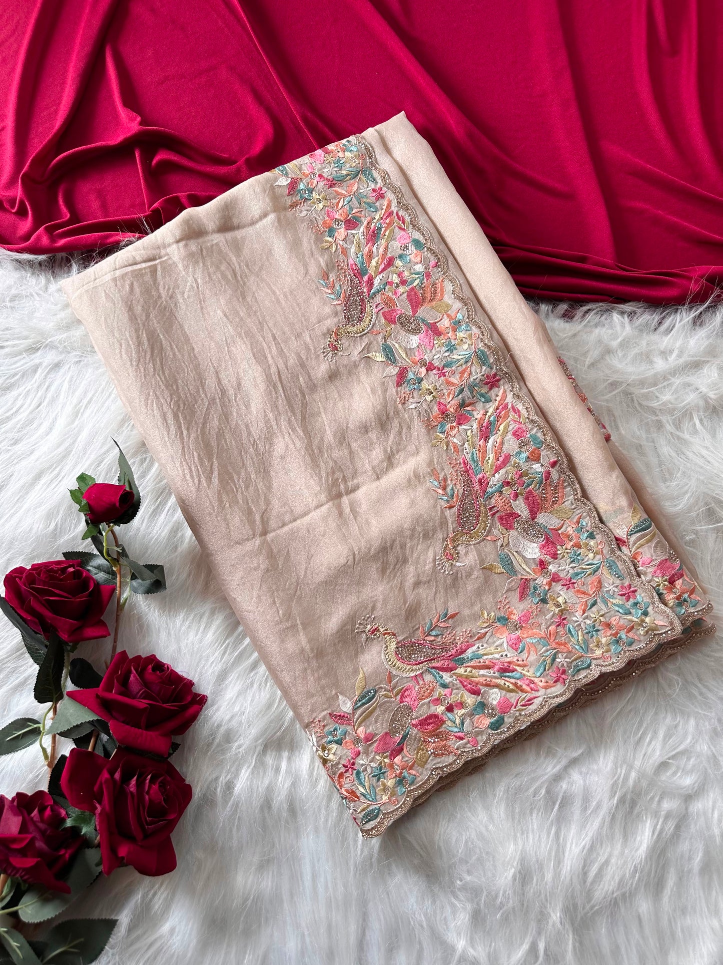 Beautiful Soft Rich Premium Moss Chiffon Silk With Multi-Color Embroidery Work Saree