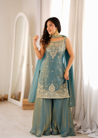 Beautiful Soft Rich Pure Fendy Silk With Fancy Embroidery Work Sharara Set