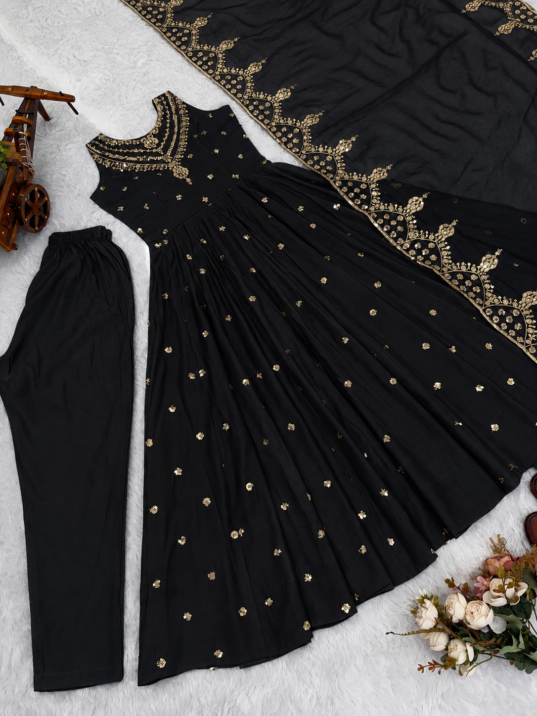 Beautiful Premium Roman Silk With Heavy Embroidery Sequence Work Gown Set