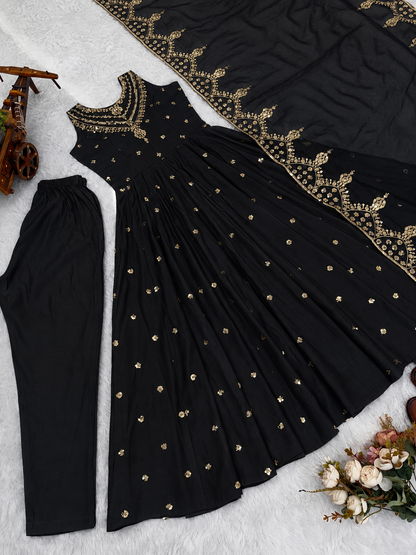 Beautiful Premium Roman Silk With Heavy Embroidery Sequence Work Gown Set