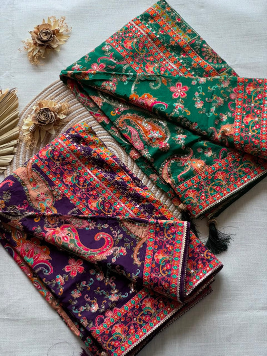 Crepe Silk Printed Embroidered Saree Set