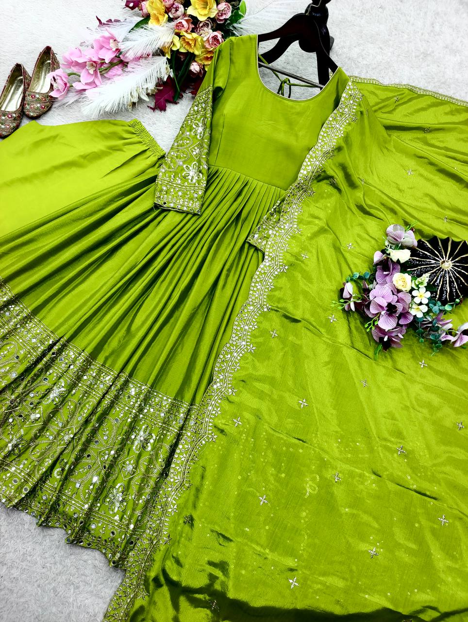 Chinon Silk 5mm Sequence Embroidery Work Gown Set