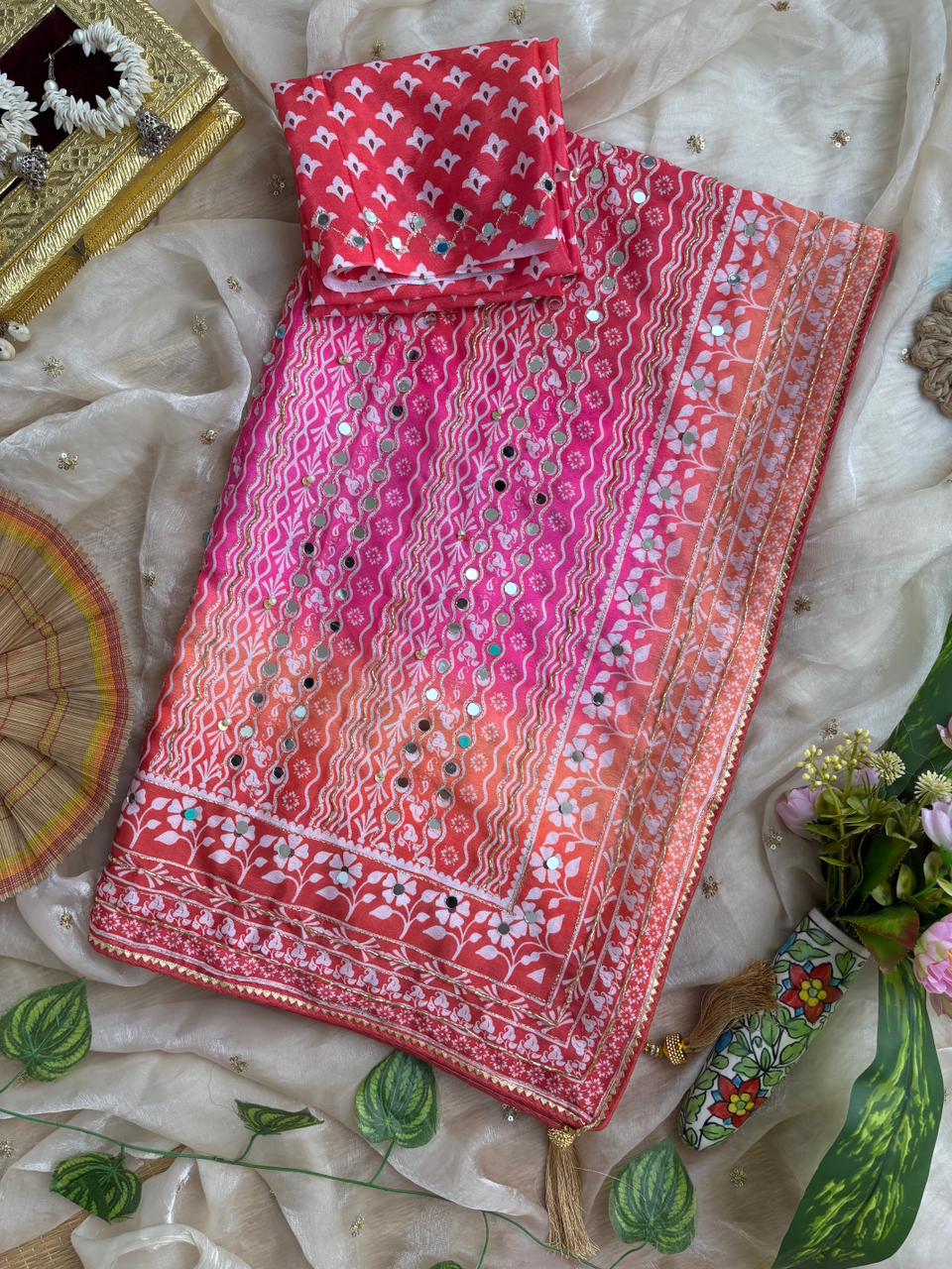Chinon Silk Mirror Work Saree Set