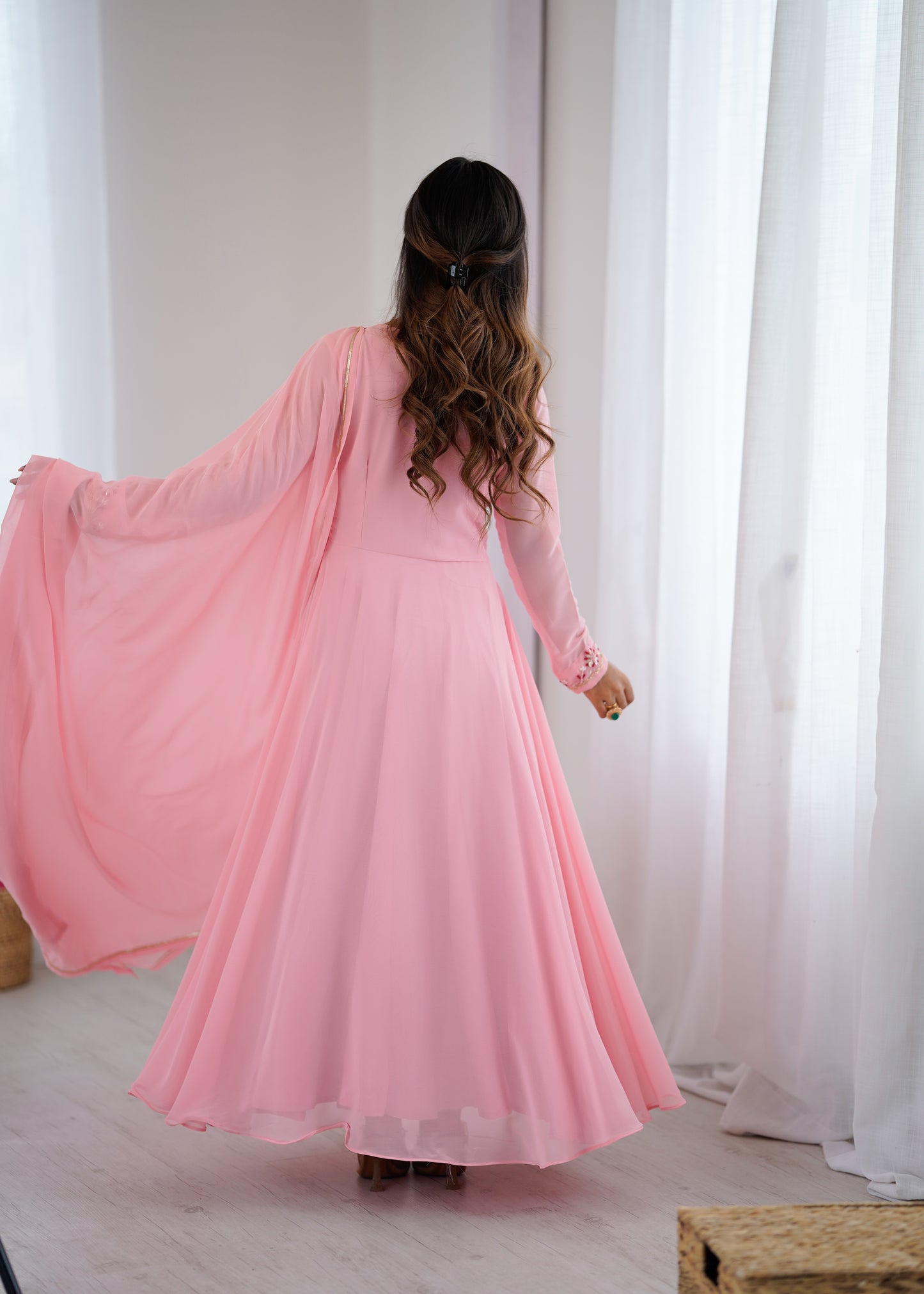 Pink color Hand Work Butter Cotton Gown