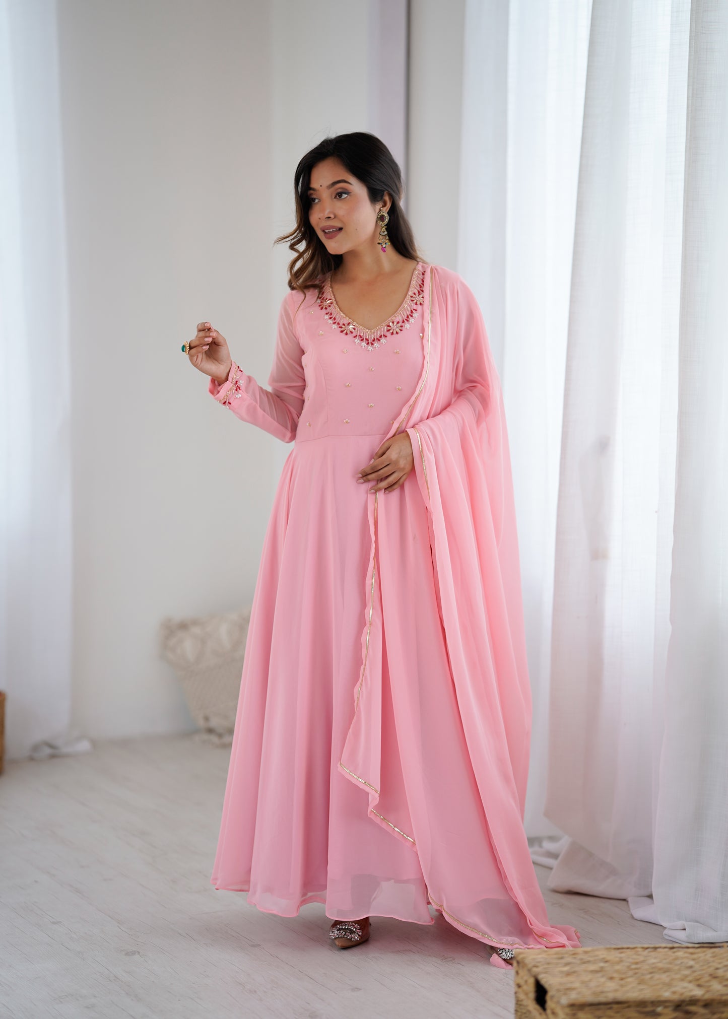 Pink color Hand Work Butter Cotton Gown