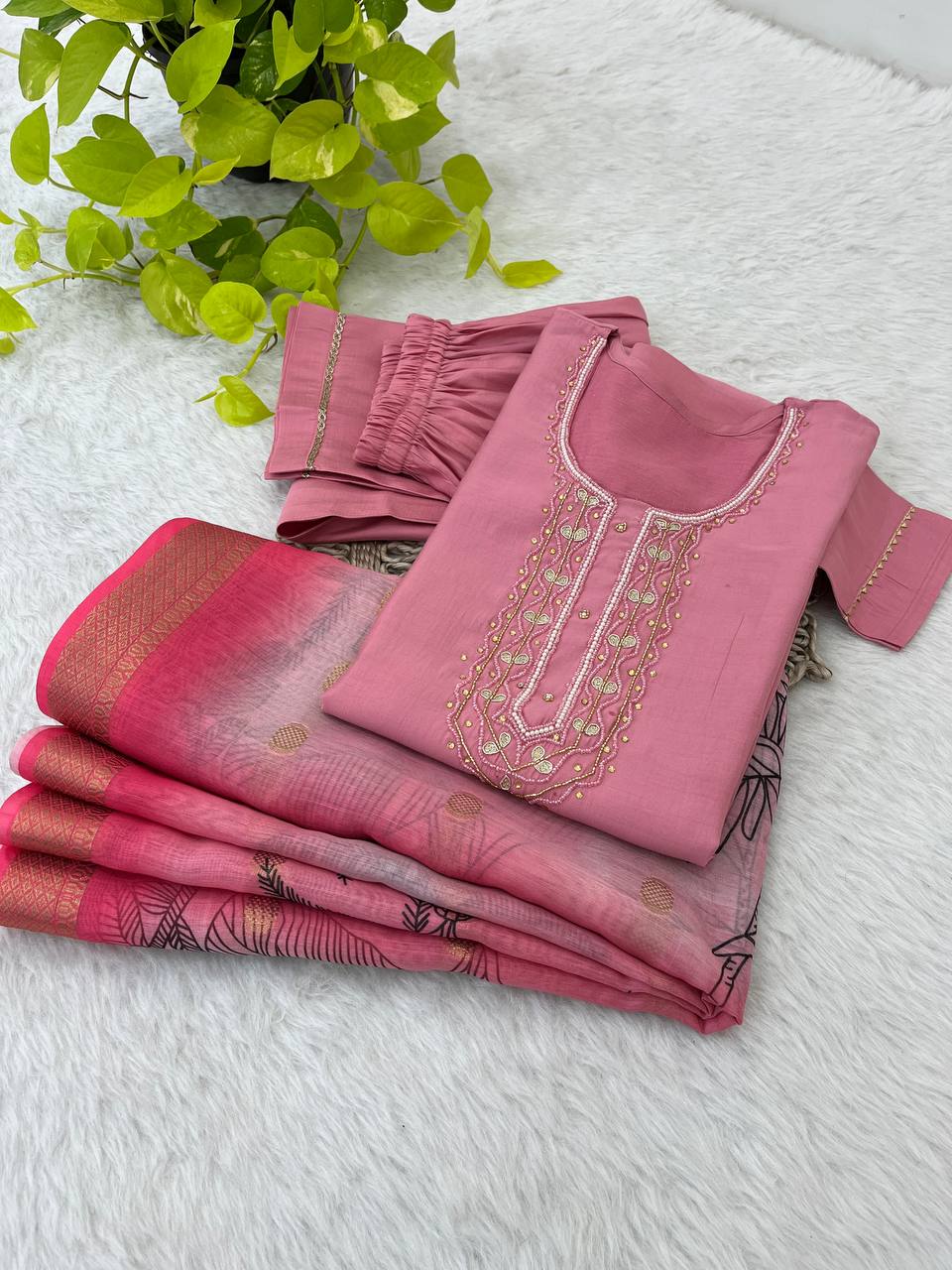 Premium Quality Roman Silk Handmade Work Kurti Set