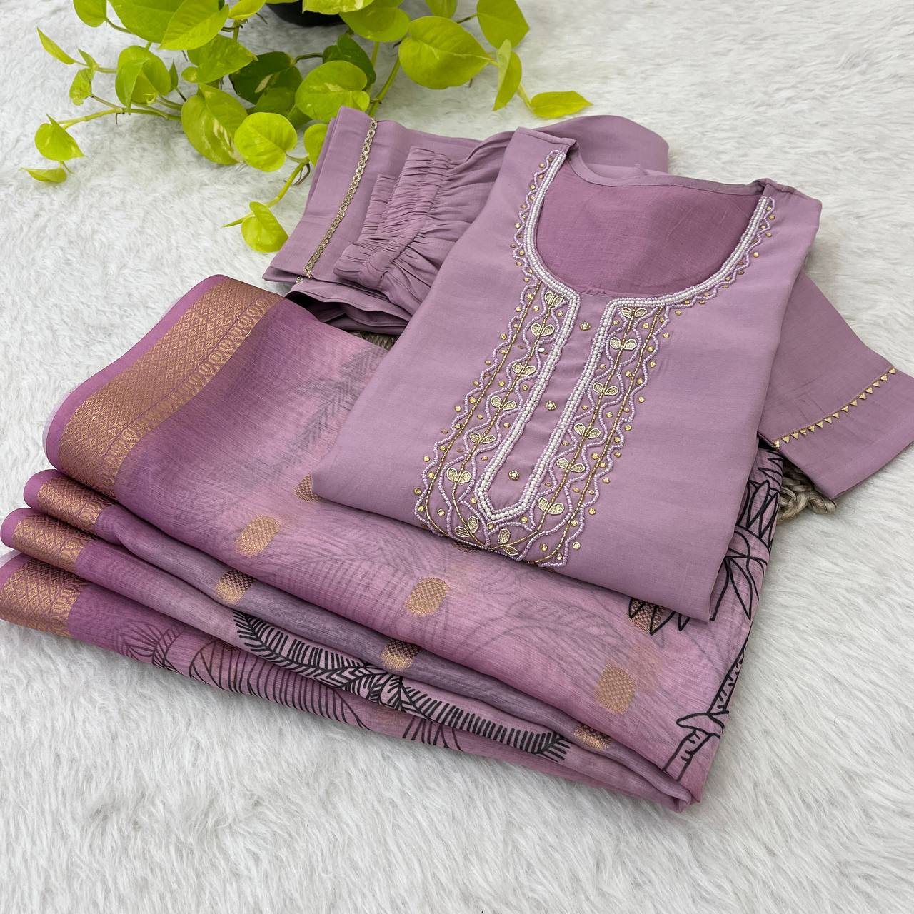 Premium Quality Roman Silk Handmade Work Kurti Set