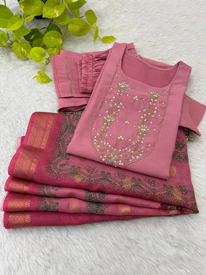 Trending Handwork Roman Silk Fabric Kurti Set